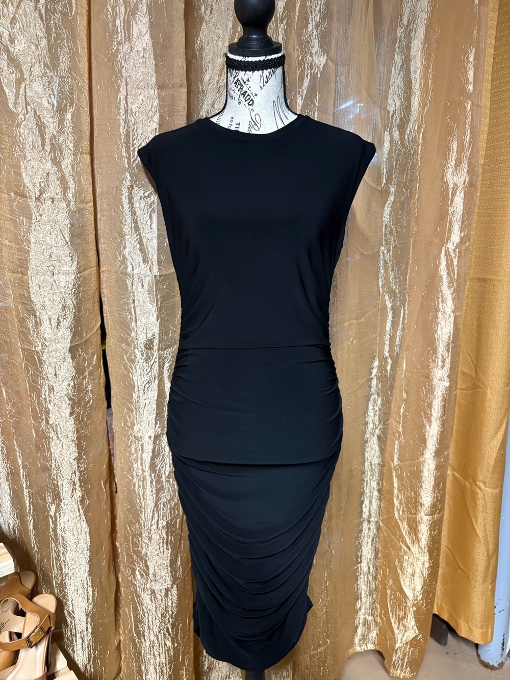 Ashley Graham Black Ruched Midi Dress